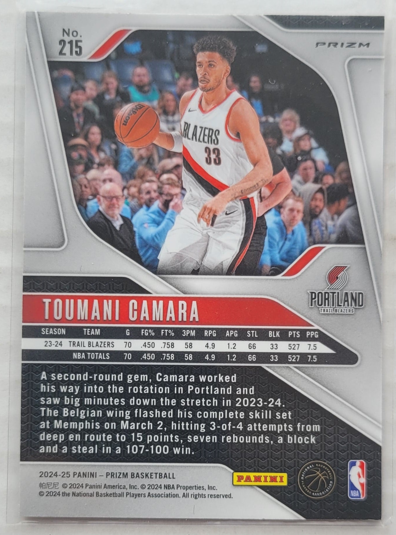 Toumani Camara - 2024-25 Panini Prizm Prizms Silver #215