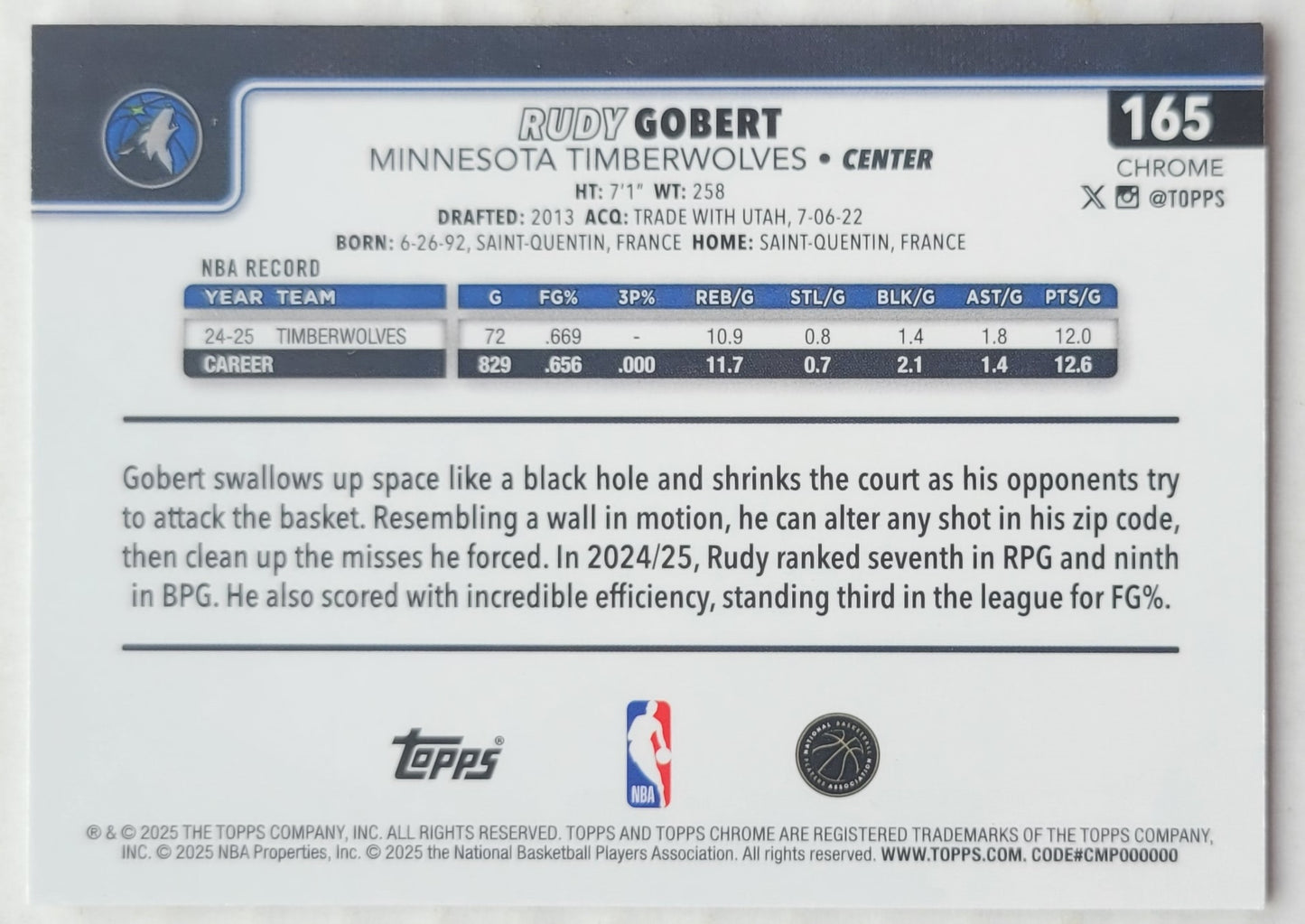 Rudy Gobert - 2025-26 Topps Chrome Prism Refractors #165
