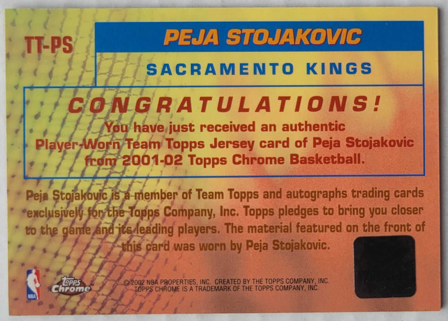Peja Stojakovic - 2001-02 Topps Chrome Team Topps Jerseys #TTPS