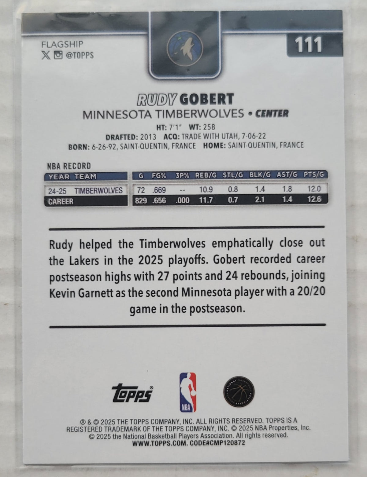 Rudy Gobert - 2025-26 Topps Rainbow Foilboard #111