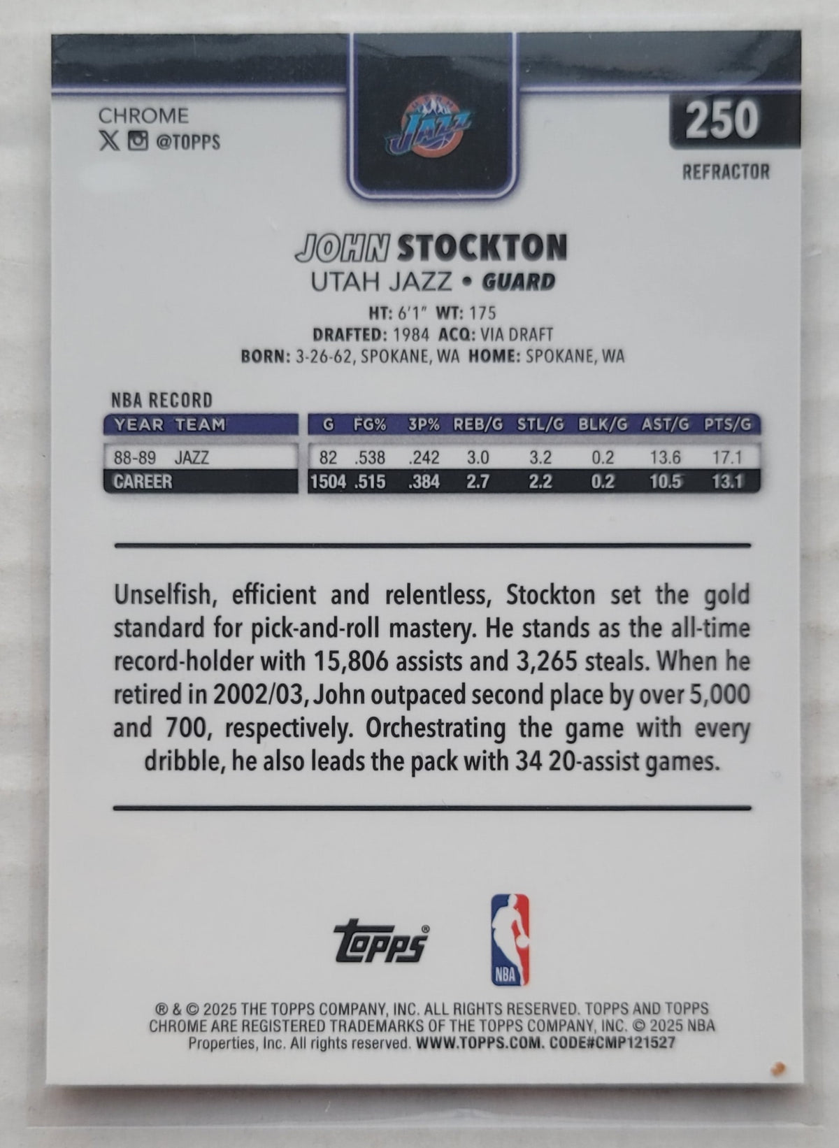 John Stockton - 2025-26 Topps Chrome Refractors #250