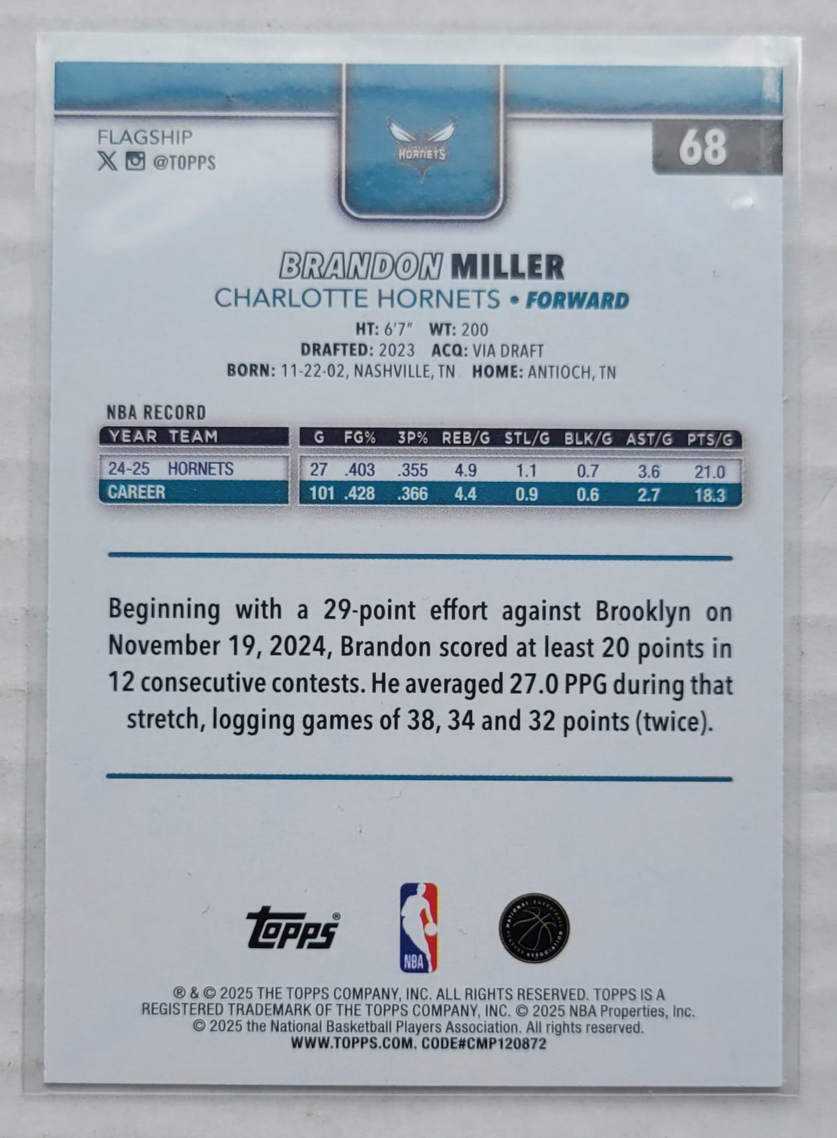 Brandon Miller - 2025-26 Topps Season Tip Off #68