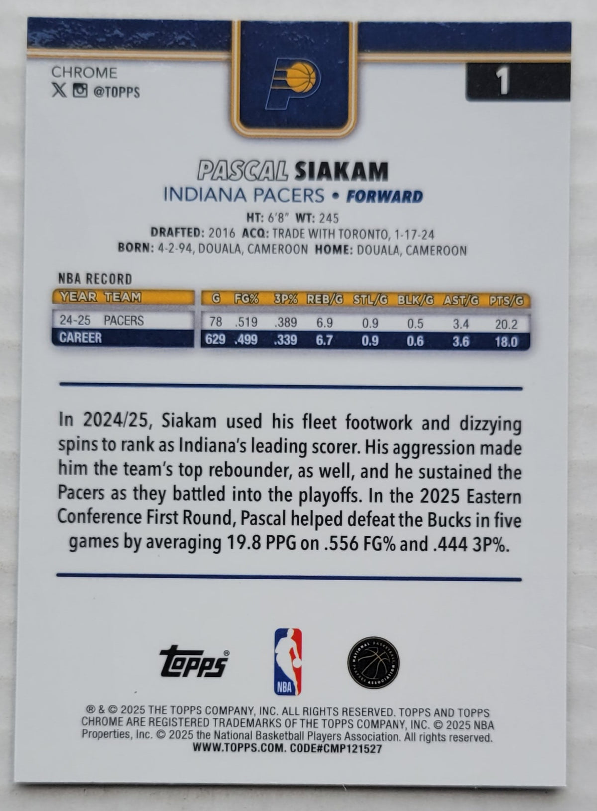 Pascal Siakam - 2025-26 Topps Chrome Pulsar Refractors #1