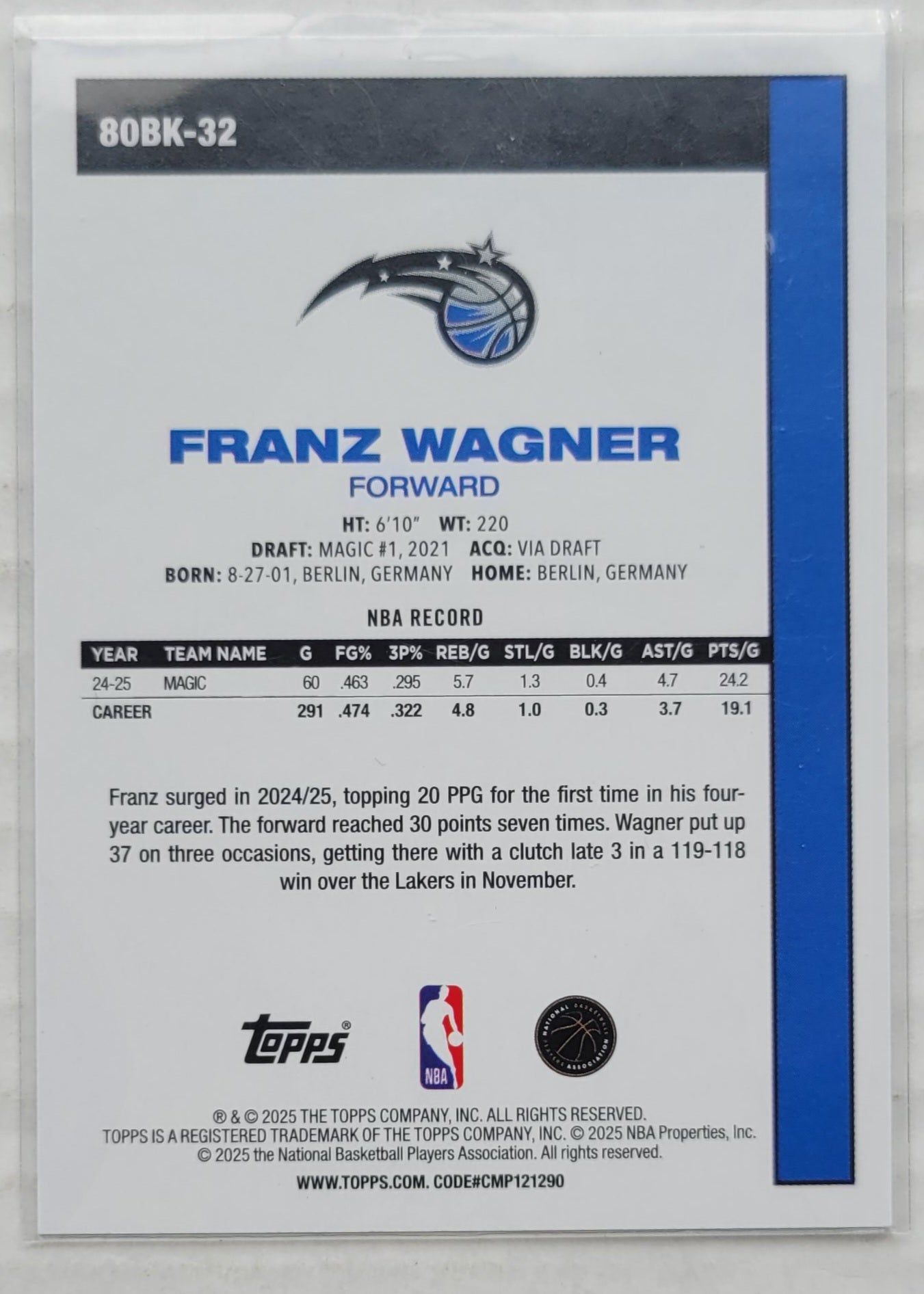 Franz Wagner - 2025-26 Topps '80-81 Topps #80BK32