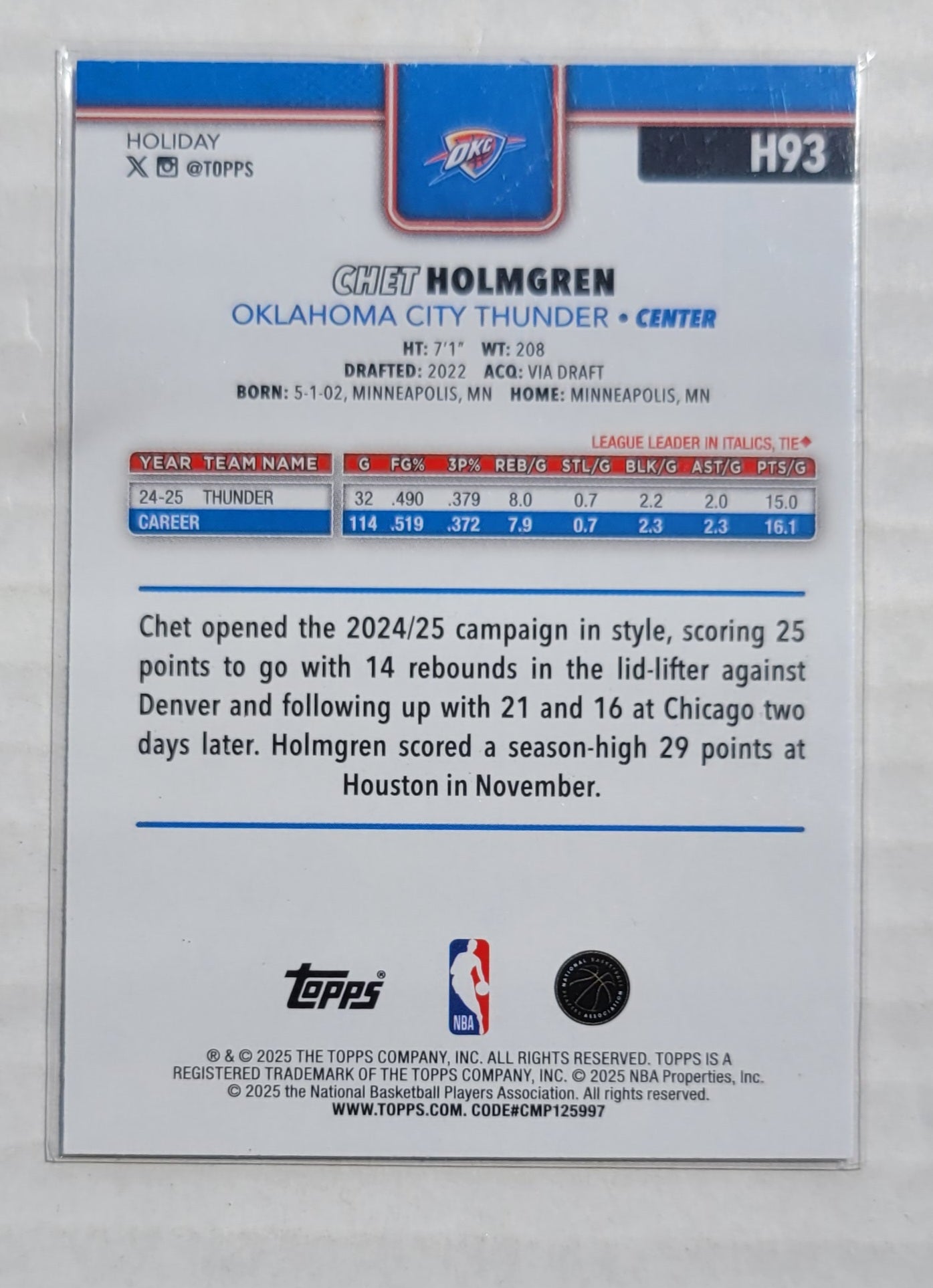 Chet Holmgren - 2025-26 Topps Holiday Glitter Holiday #H93