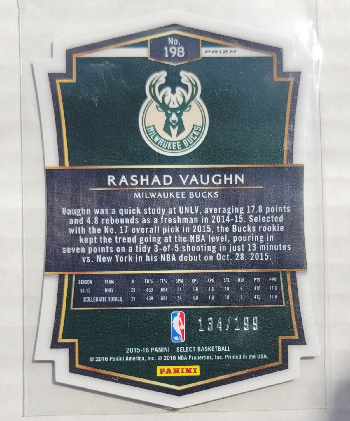 Rashad Vaughn - 2015-16 Select Light Prizms Blue Die-Cut #198 - 134/199 RC