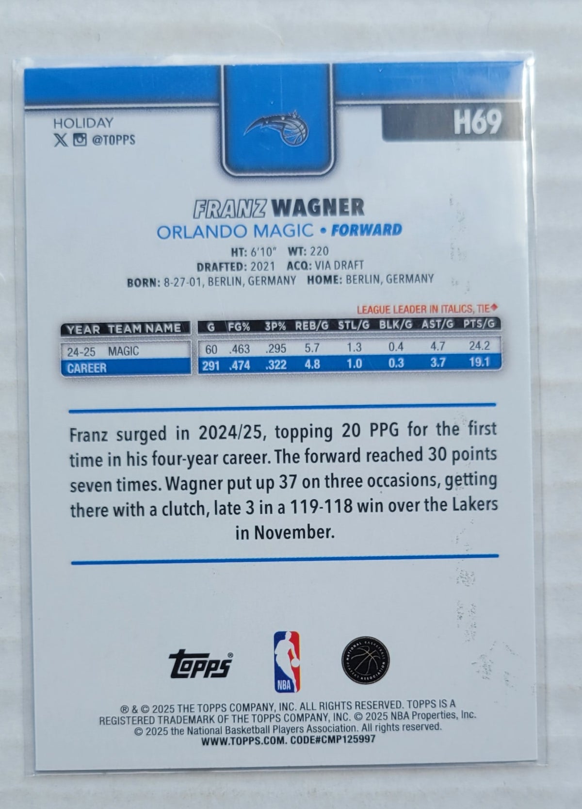 Franz Wagner - 2025-26 Topps Holiday Blue Metallic Glitter Holiday #H69