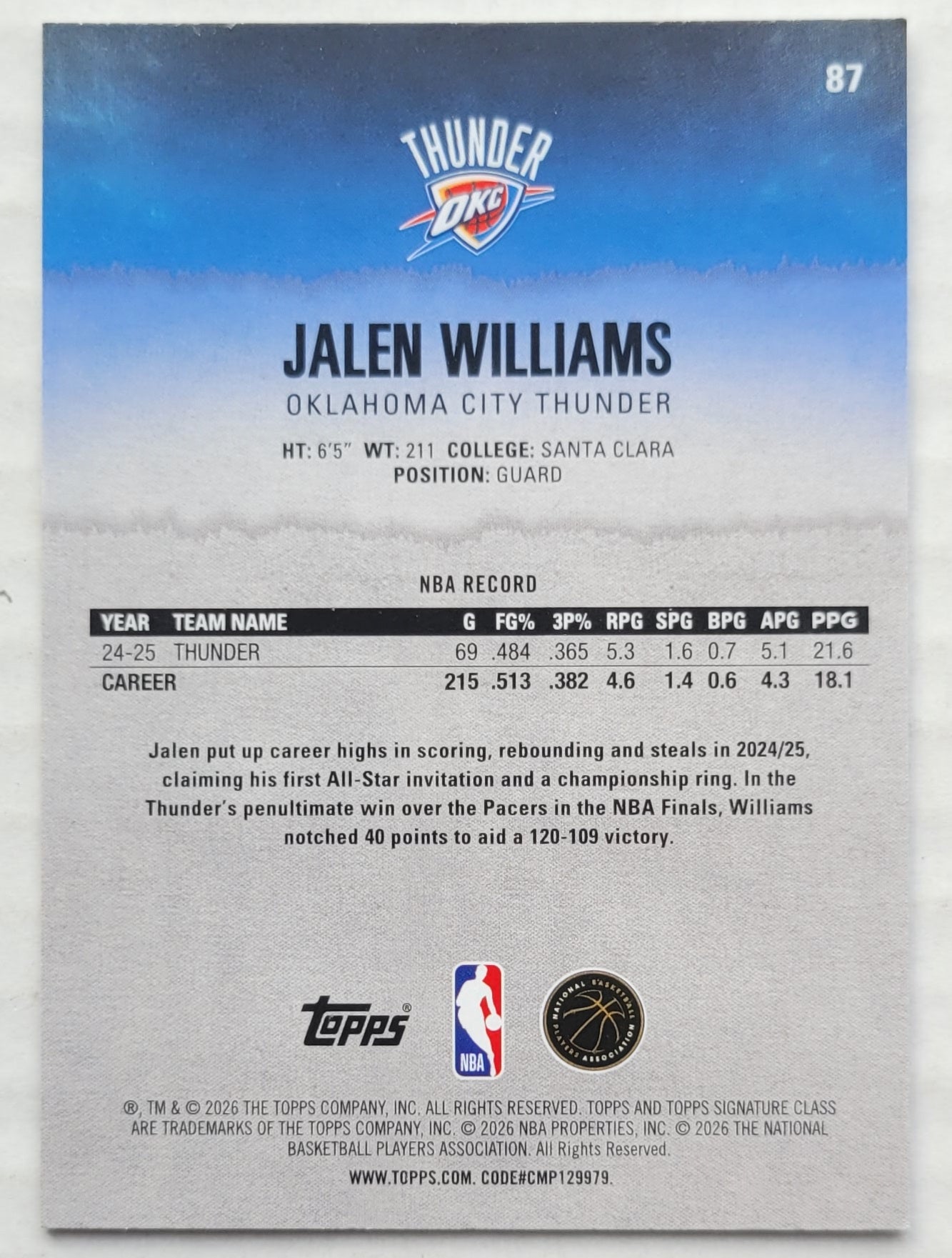 Jalen Williams - 2025-26 Topps Signature Class #87
