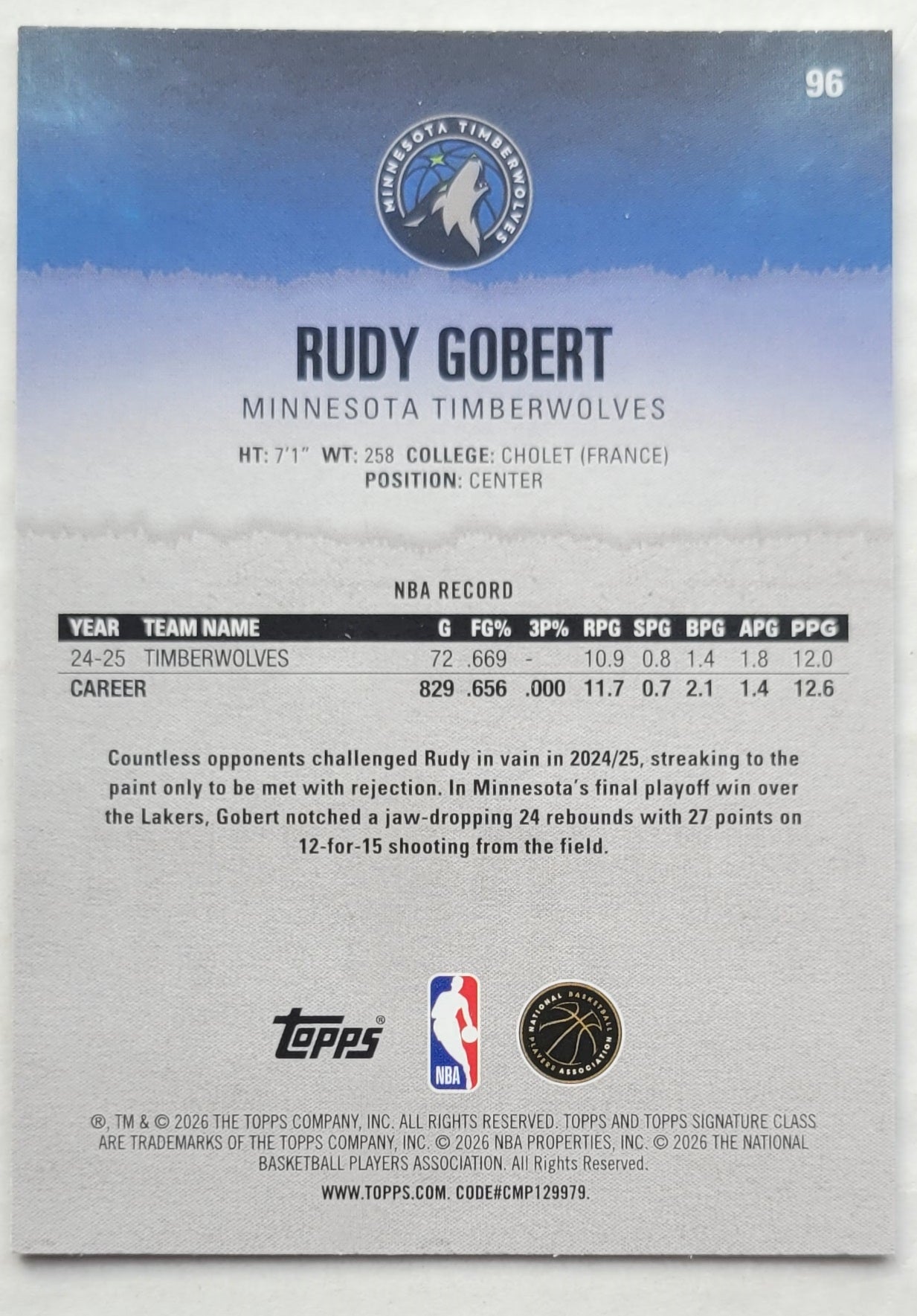 Rudy Gobert - 2025-26 Topps Signature Class #96