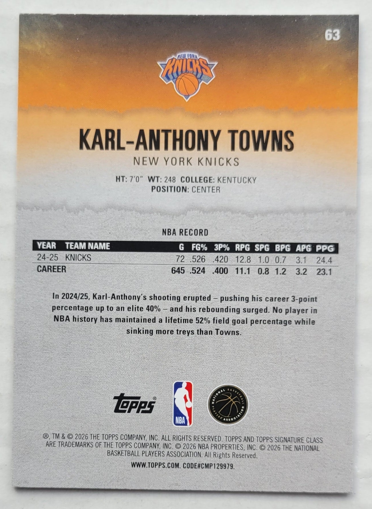 Karl-Anthony Towns - 2025-26 Topps Signature Class #63