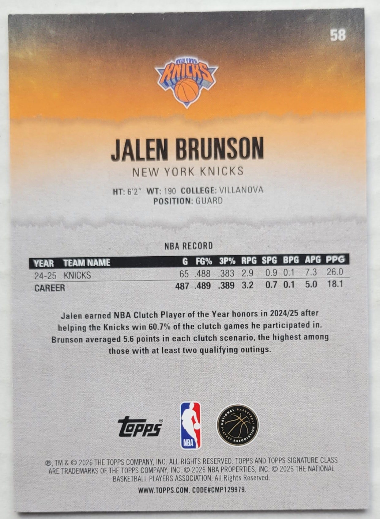 Jalen Brunson - 2025-26 Topps Signature Class #58