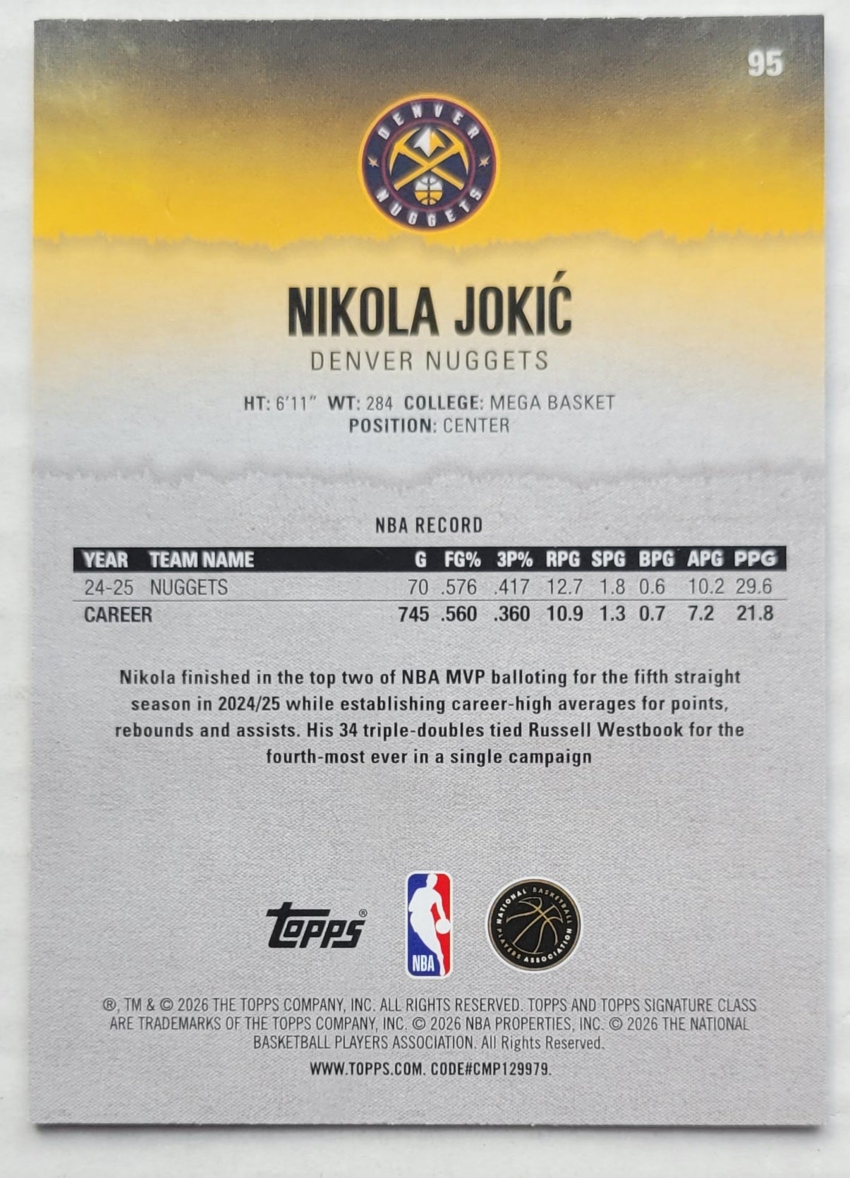 Nikola Jokic - 2025-26 Topps Signature Class #95