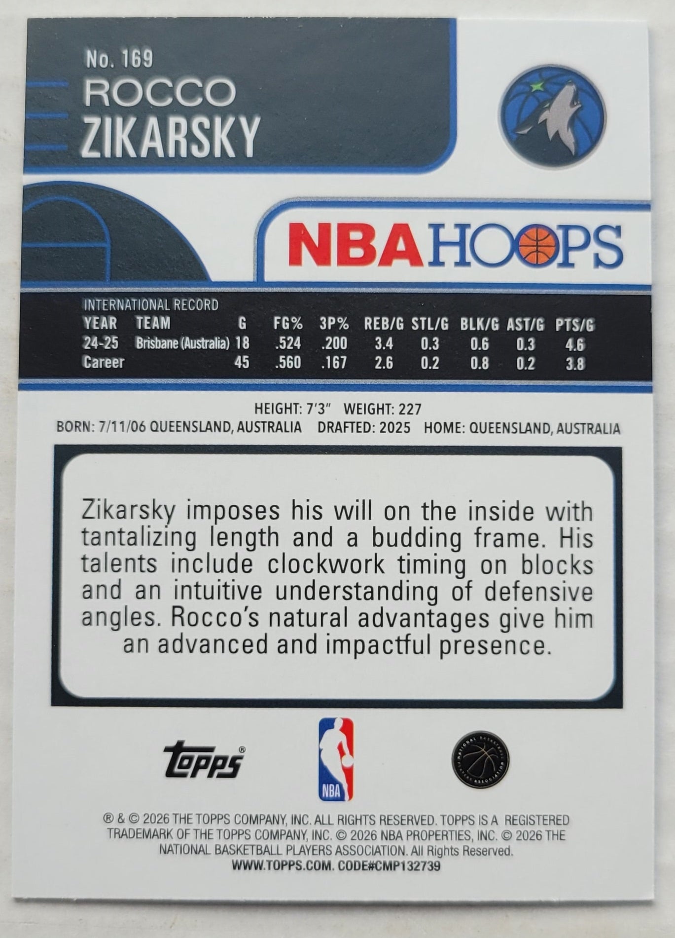 Rocco Zikarsky - 2025-26 Hoops #169 RC