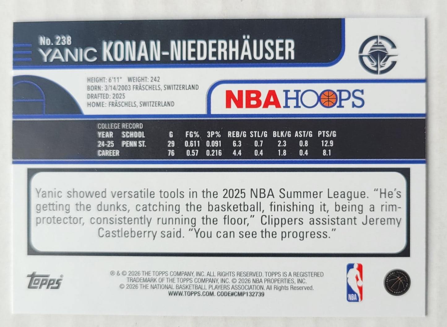Yanic Konan-Niederhauser - 2025-26 Hoops #238 RC