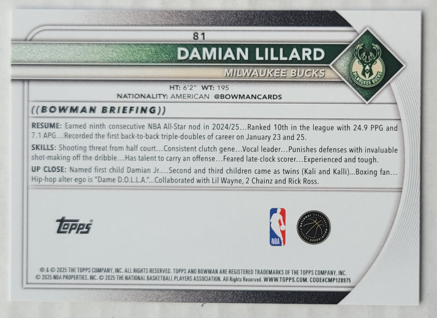 Damian Lillard - 2025-26 Bowman #81