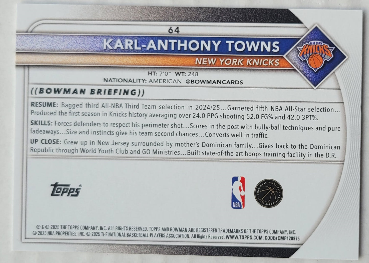 Karl-Anthony Towns - 2025-26 Bowman #64