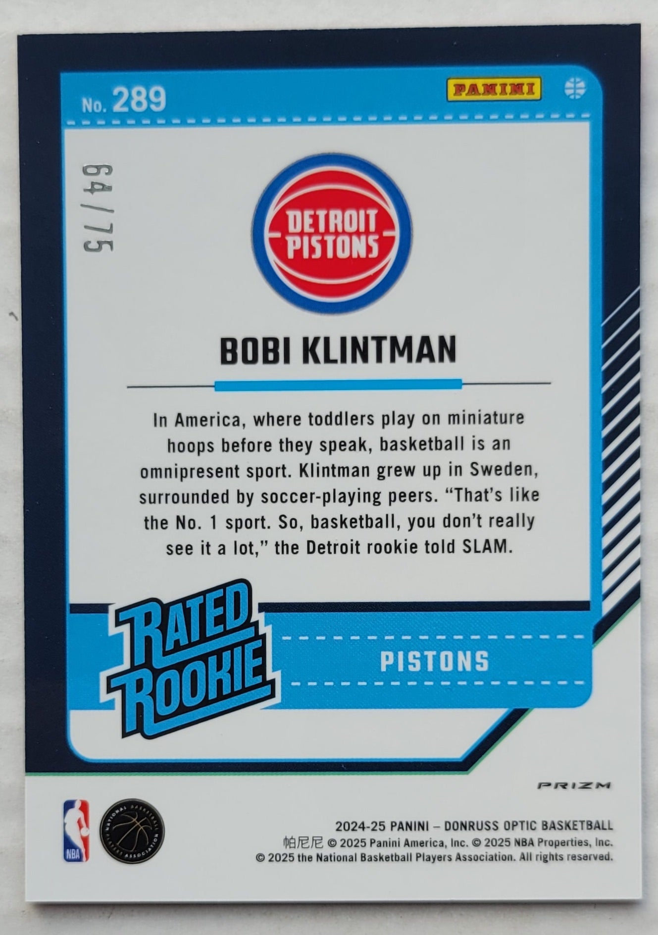 Bobi Klintman - 2024-25 Donruss Optic Fast Break Red #289 RR RC - 64/75
