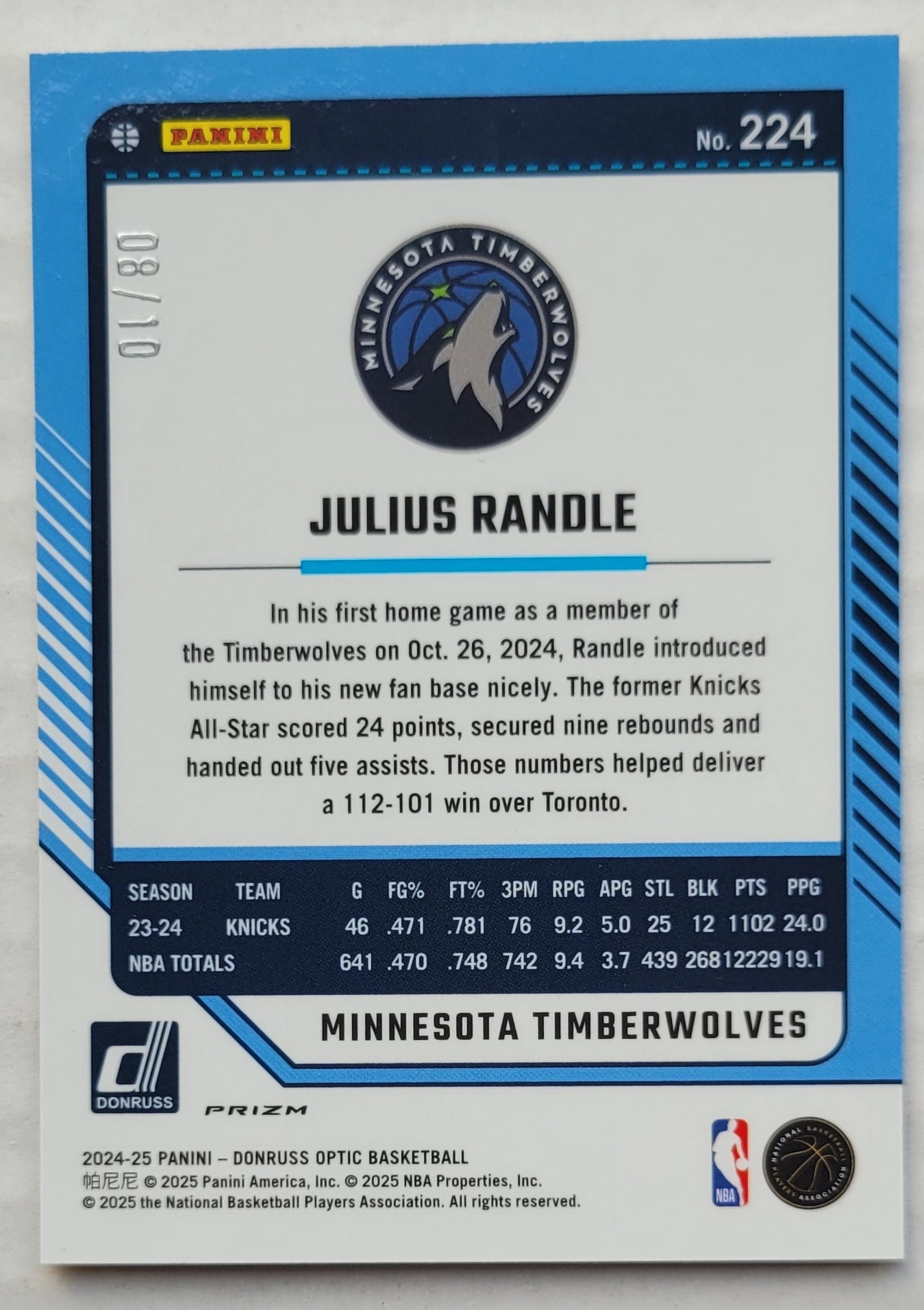 Julius Randle - 2024-25 Donruss Optic Fast Break Gold #224 - 08/10