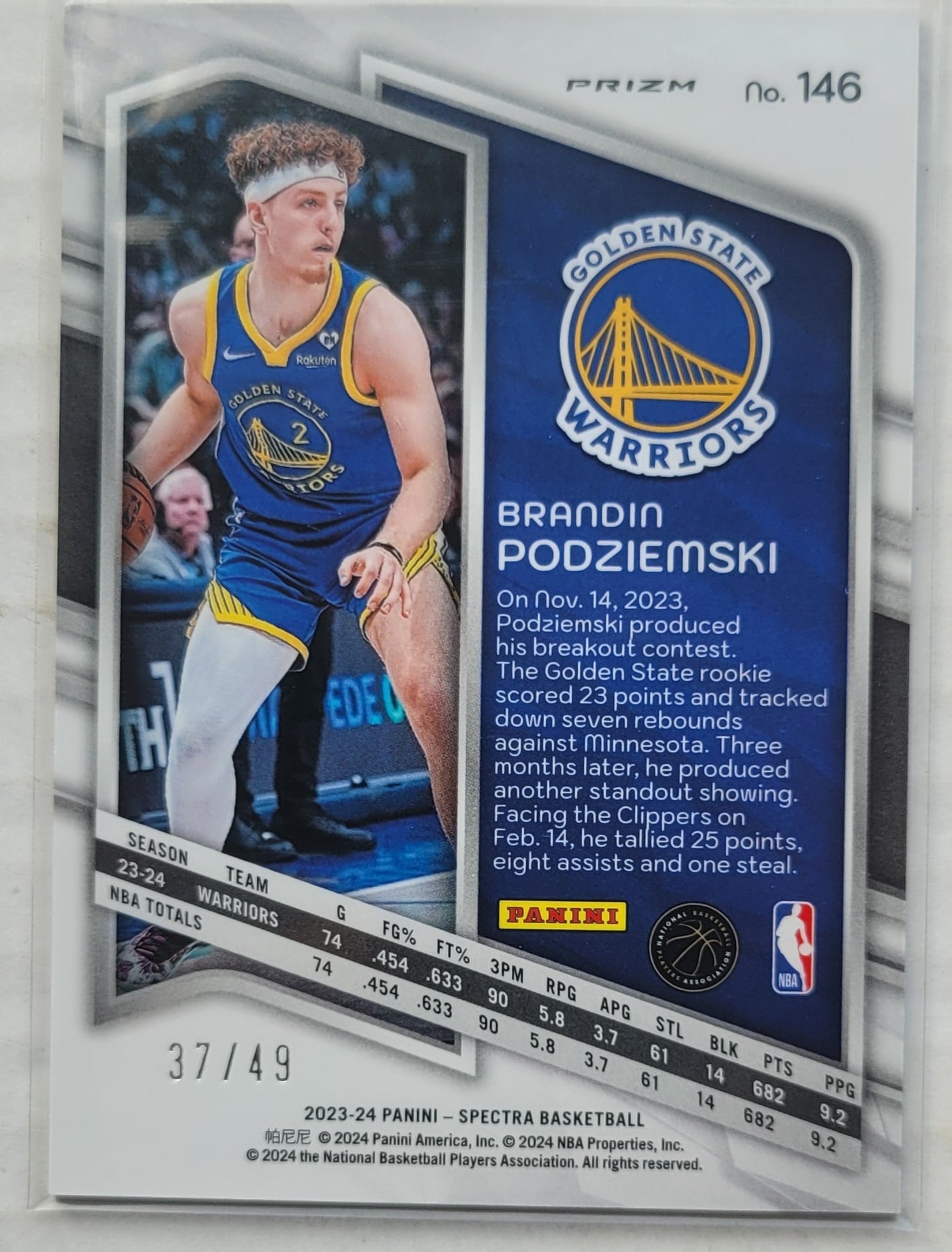 Brandin Podziemski - 2023-24 Panini Spectra International Red and Yellow #146 RC - 37/49