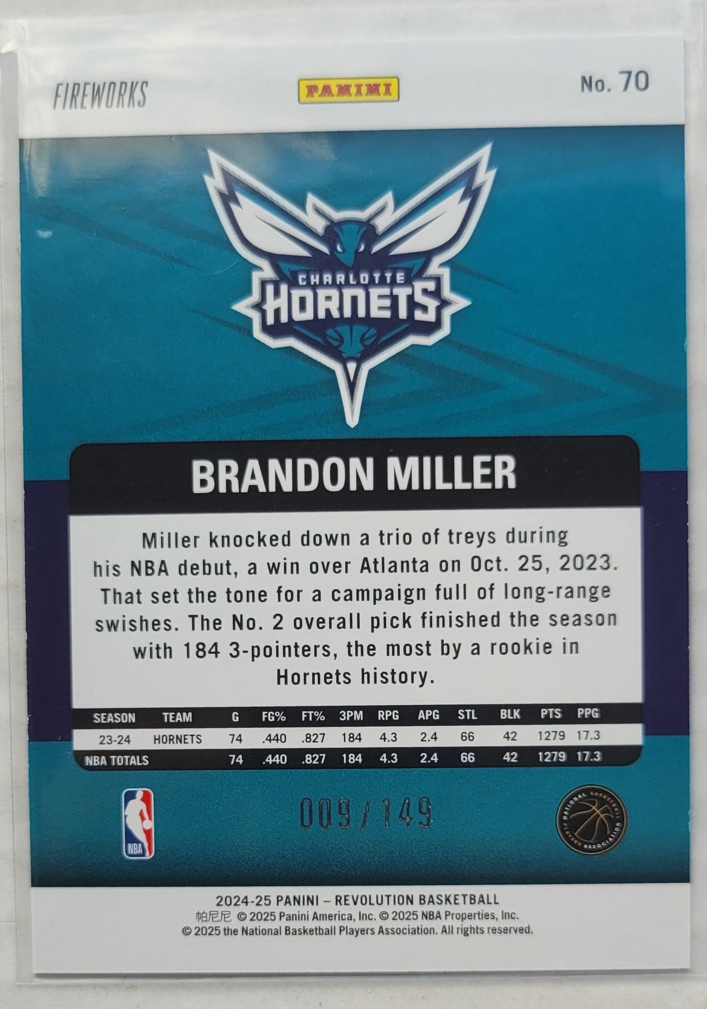 Brandon Miller - 2024-25 Panini Revolution Fireworks #70 - 009/149