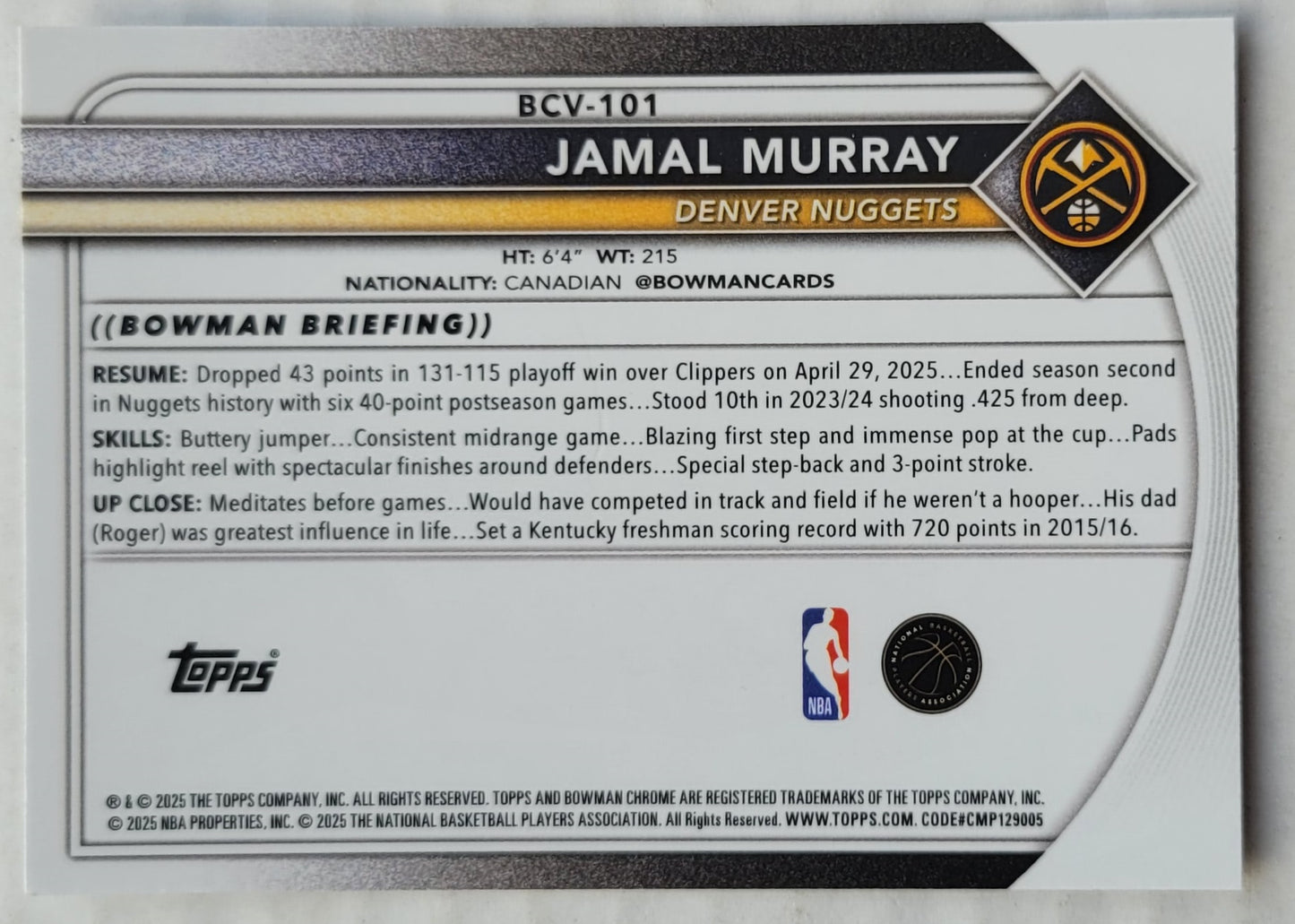 Jamal Murray - 2025-26 Bowman Chrome #BCV101