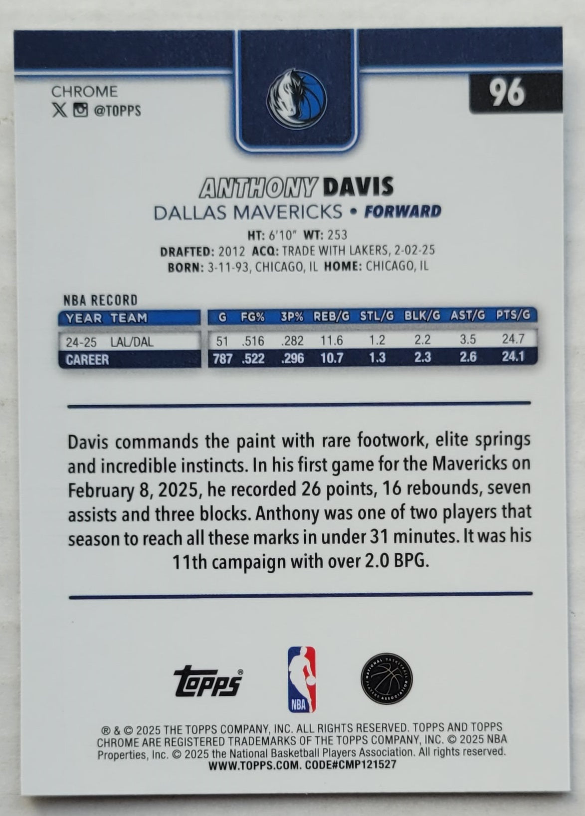 Anthony Davis - 2025-26 Topps Chrome #96