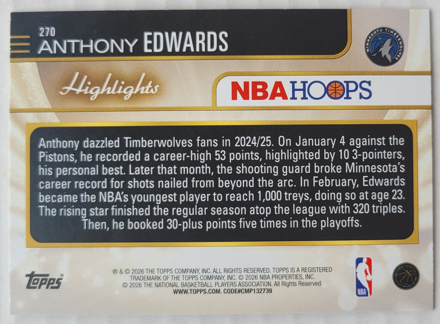 Anthony Edwards - 2025-26 Hoops #270 HL