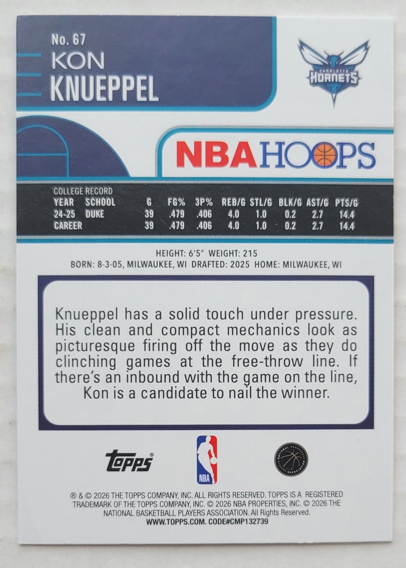 Kon Knueppel - 2025-26 Hoops #67 RC