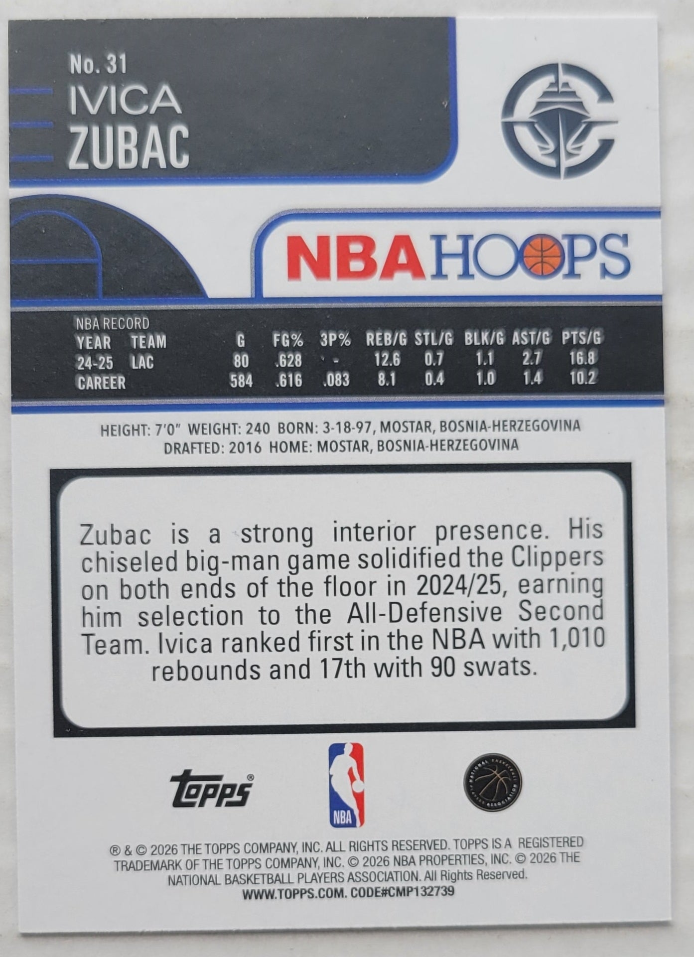 Ivica Zubac - 2025-26 Hoops Light Burst #31