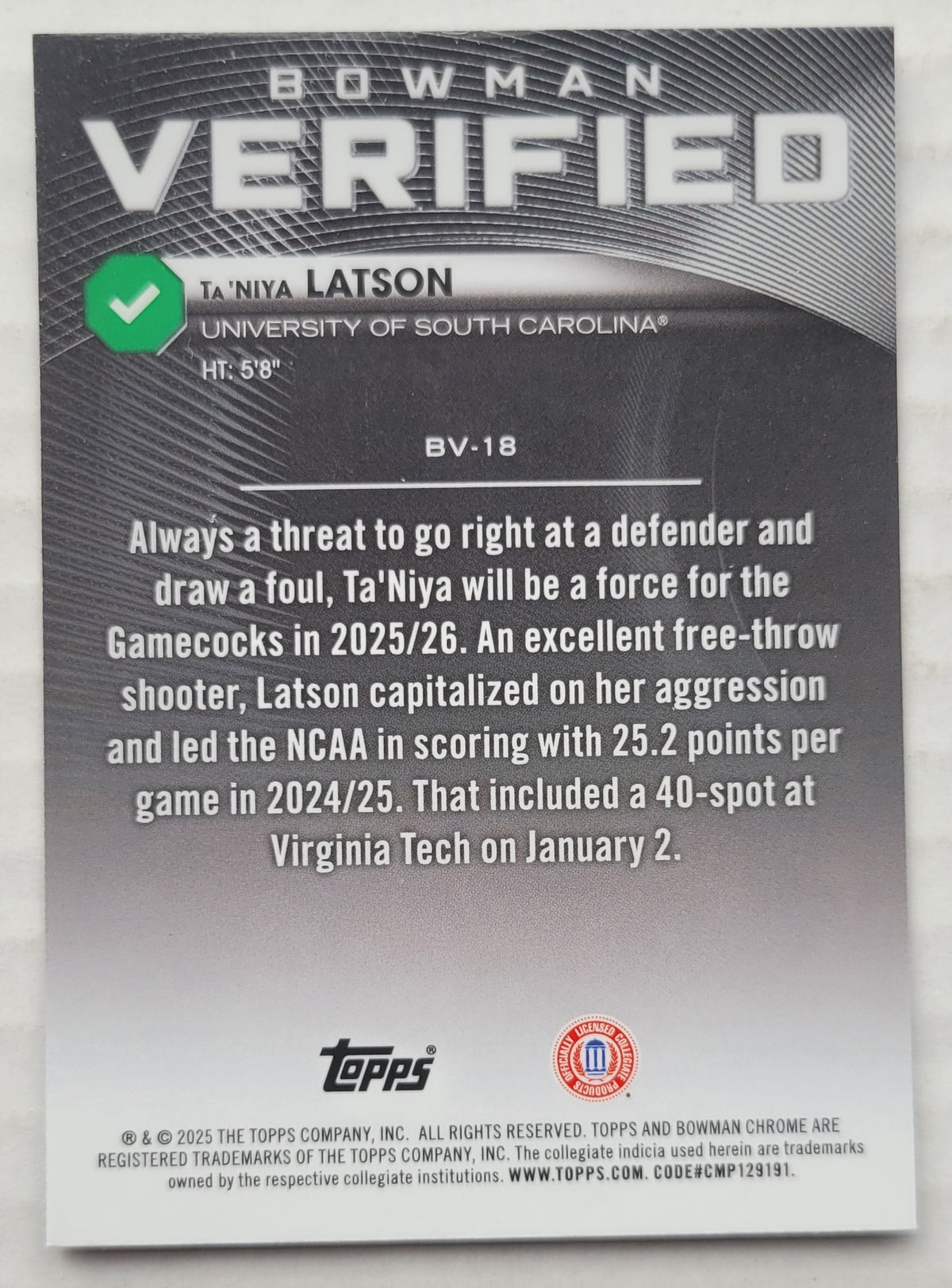 Ta'Niya Latson - 2025-26 Bowman Chrome University Verified #BV18