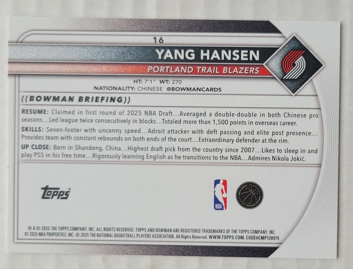 Yang Hansen - 2025-26 Bowman #16 RC