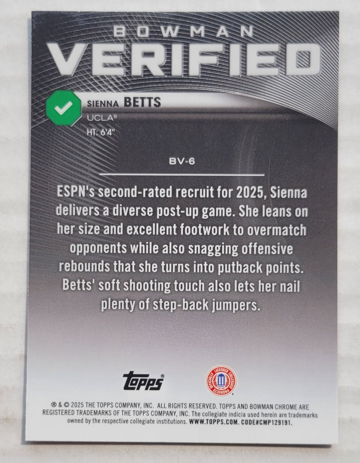 Sienna Betts - 2025-26 Bowman Chrome University Verified #BV6