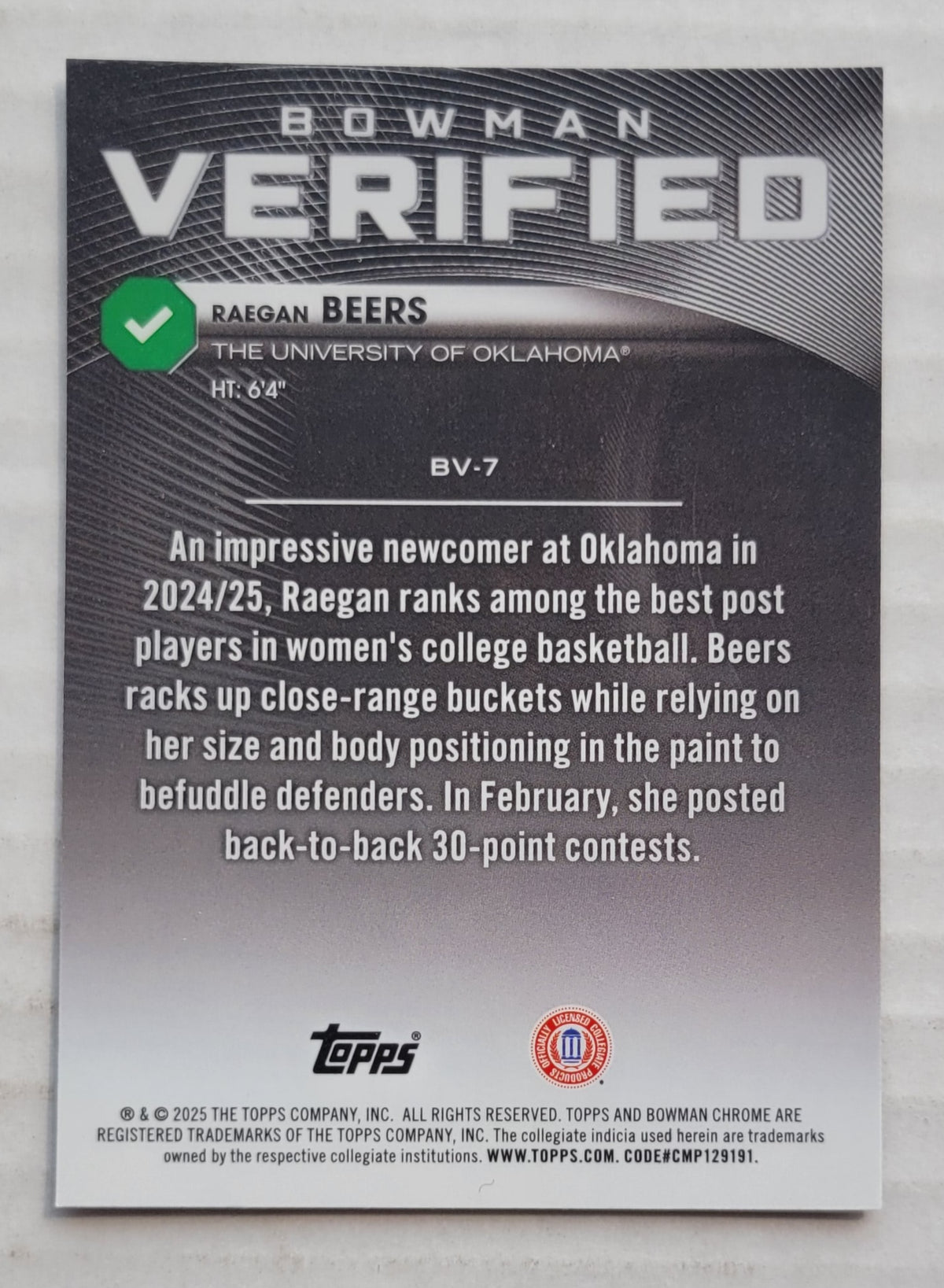 Raegan Beers - 2025-26 Bowman Chrome University Verified #BV7