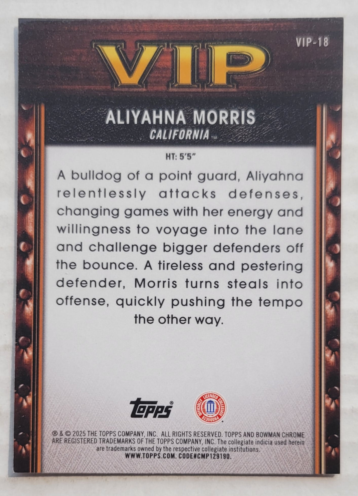 Aliyahna Morris - 2025-26 Bowman Chrome University Very Important Prospects #VIP18