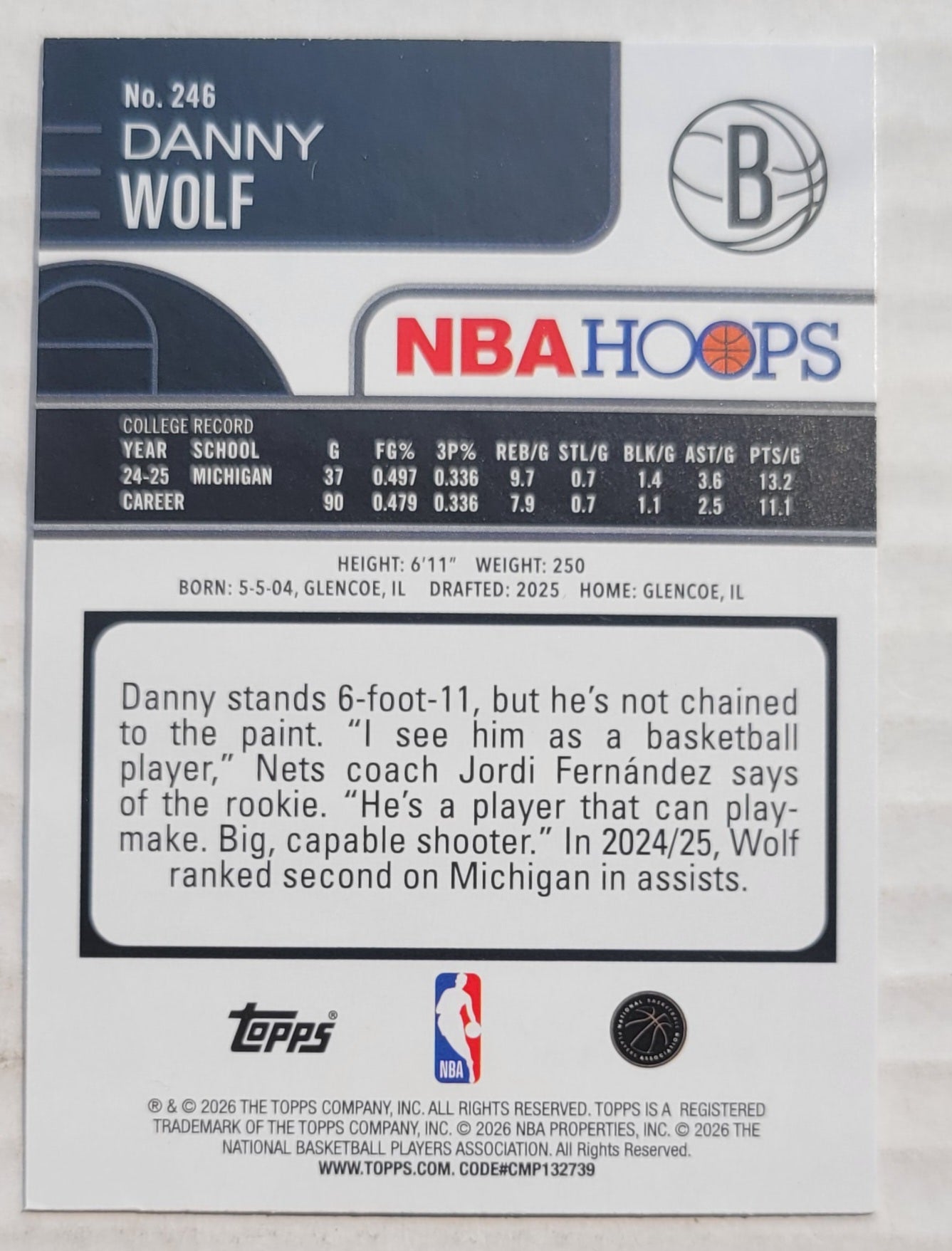Danny Wolf - 2025-26 Hoops #246 RC