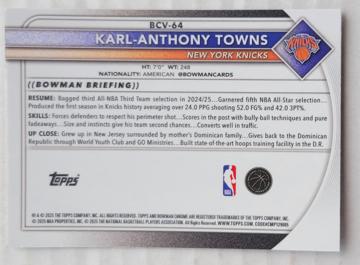 Karl-Anthony Towns - 2025-26 Bowman Chrome #BCV64