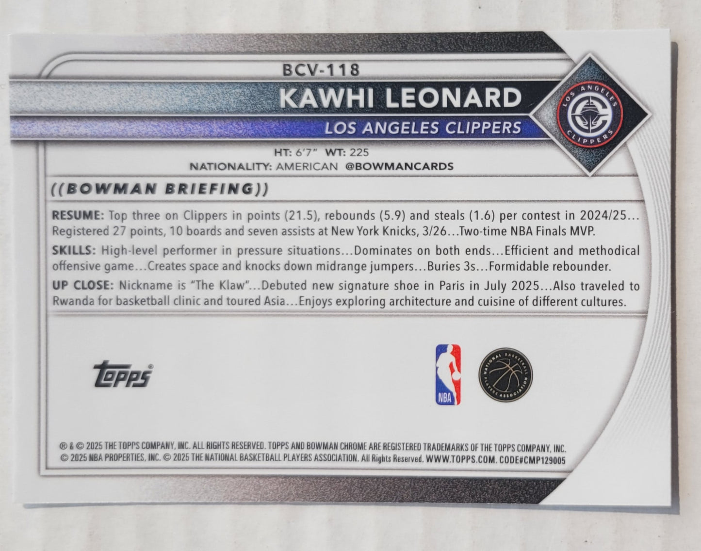 Kawhi Leonard - 2025-26 Bowman Chrome #BCV118