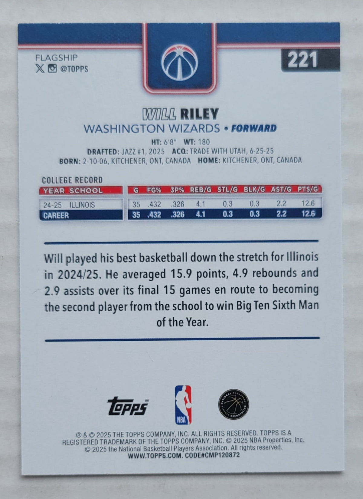 Will Riley - 2025-26 Topps Season Tip Off #221 RC