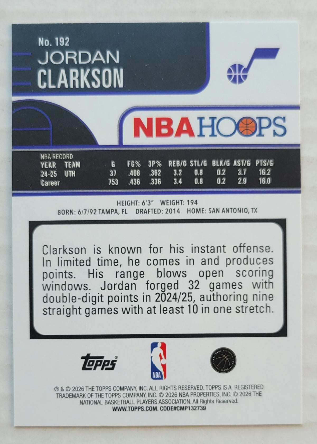 Jordan Clarkson - 2025-26 Hoops Light Burst #192