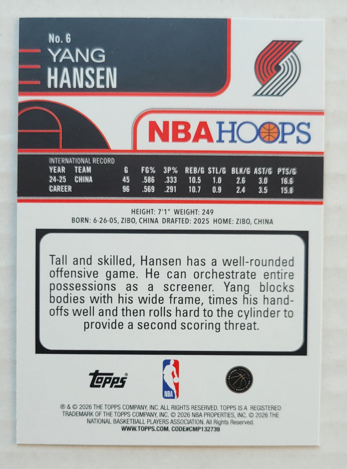 Yang Hansen - 2025-26 Hoops #6 RC