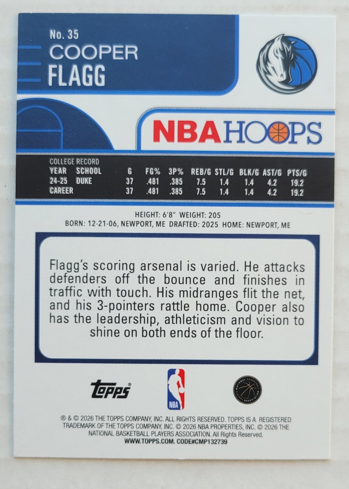 Cooper Flagg - 2025-26 Hoops #35 RC
