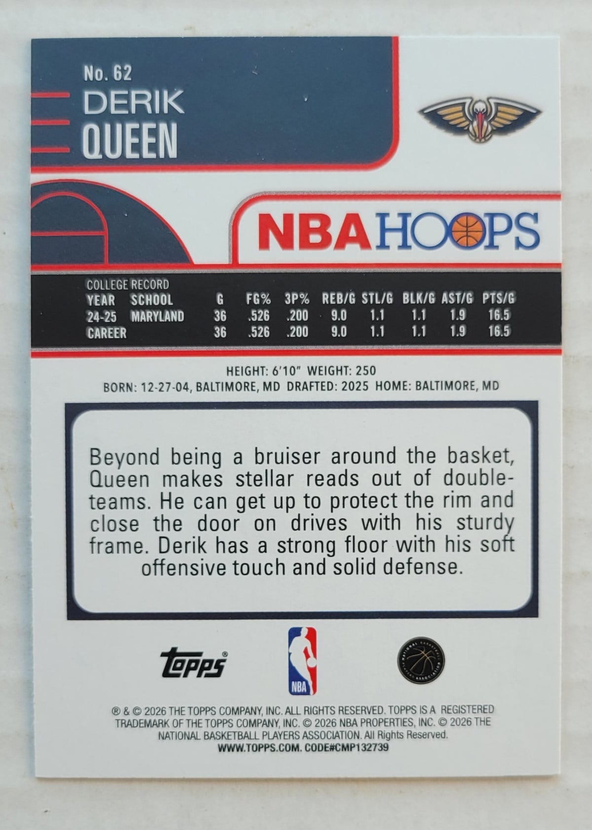 Derik Queen - 2025-26 Hoops #62 RC