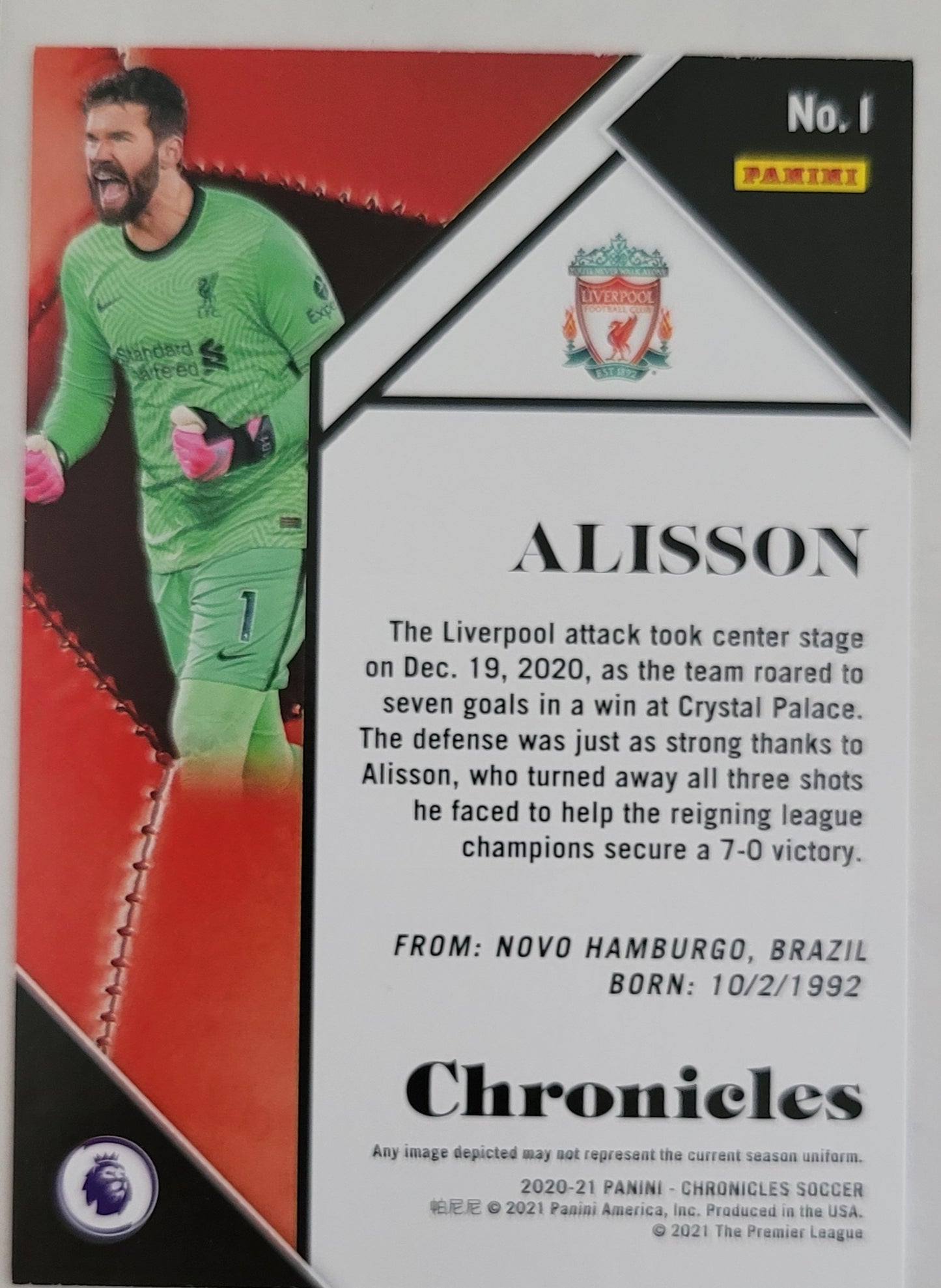 Alisson - 2020-21 Panini Chronicles Premier League #1 - Liverpool FC