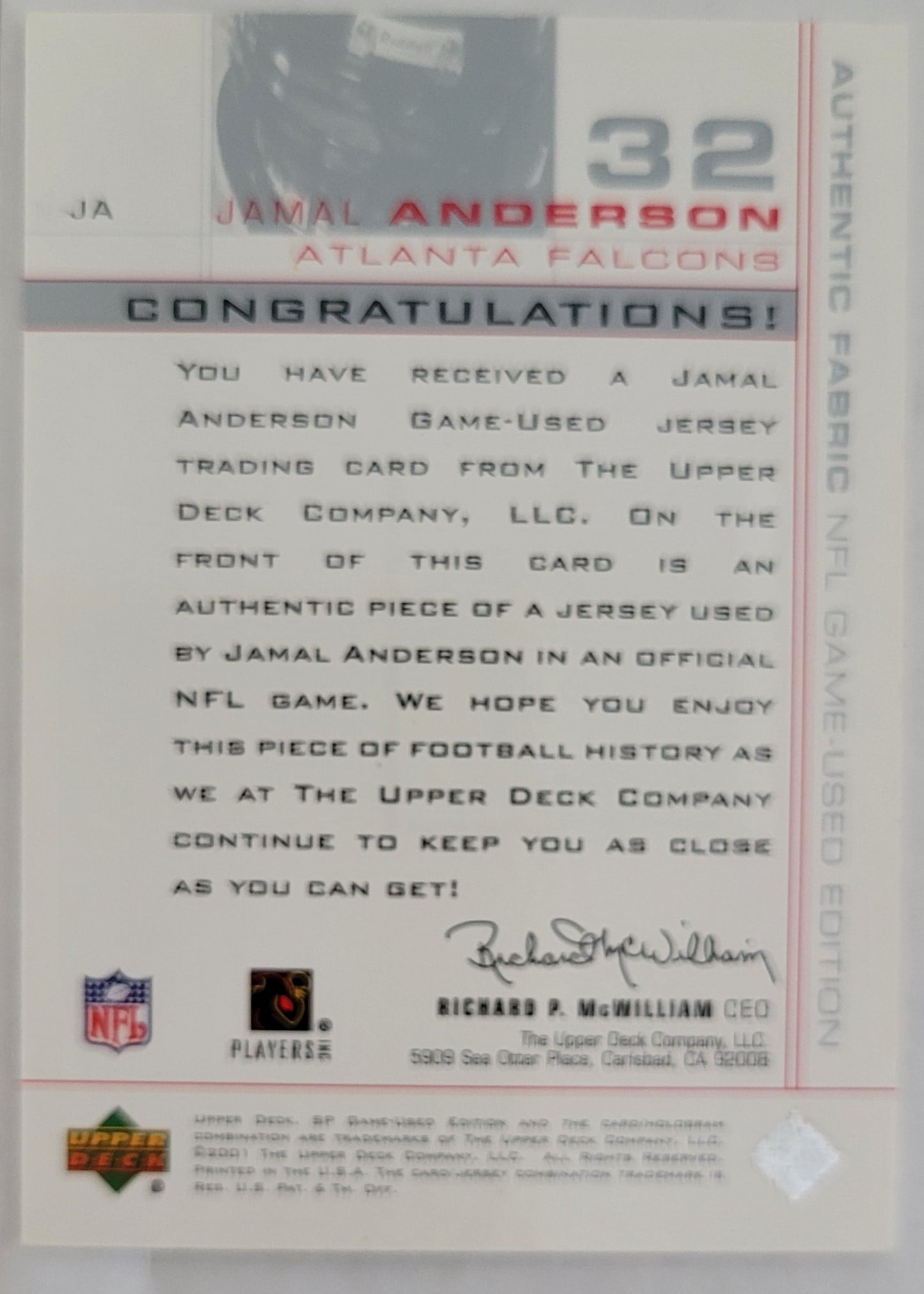 Jamal Anderson - 2001 SP Game Used Edition Authentic Fabric #JA - Atlanta Falcons