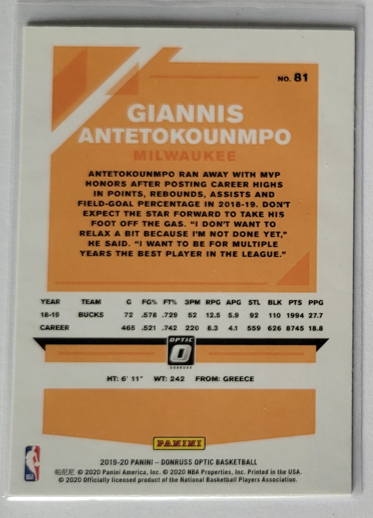 Giannis Antetokounmpo - 2019-20 Donruss Optic #81