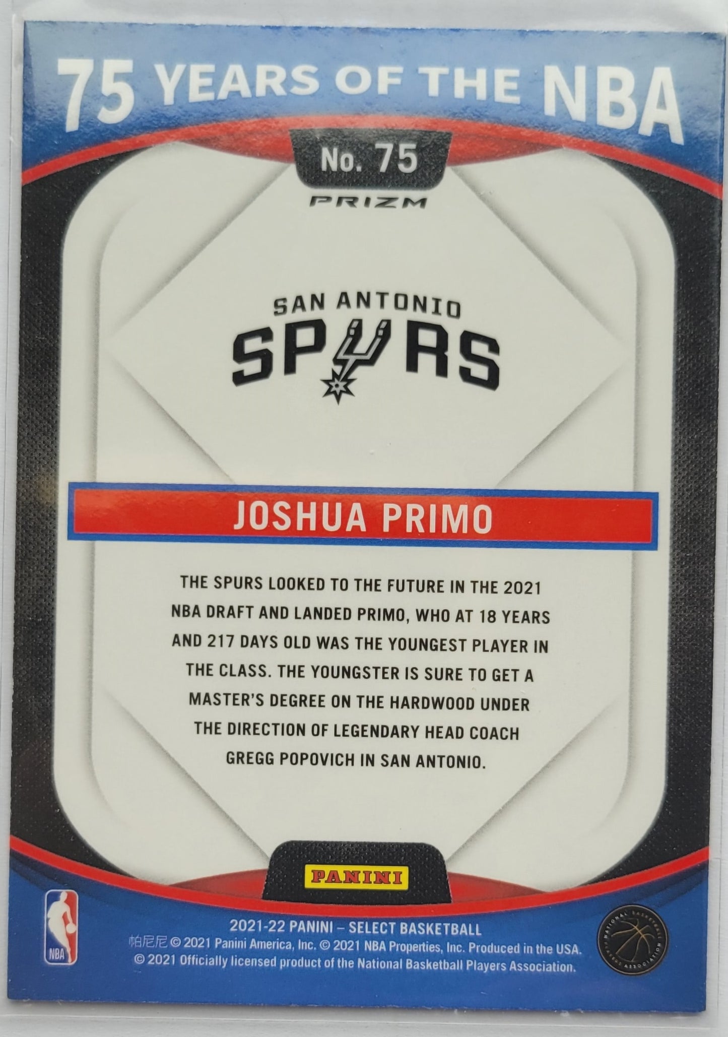 Joshua Primo - 2021-22 Panini 75 Years of the NBA Prizms Silver #75 Select