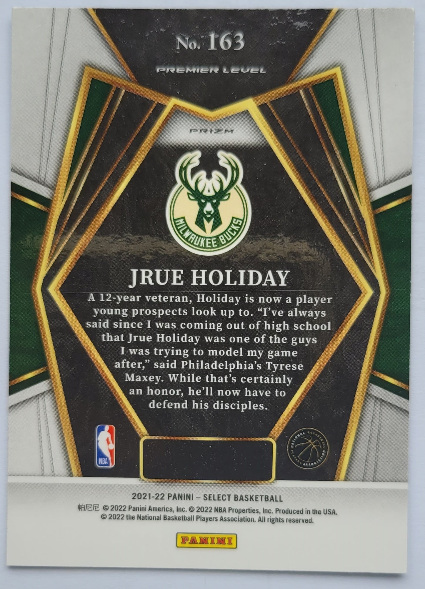 Jrue Holiday - 2021-22 Select Prizms Blue Shimmer #163