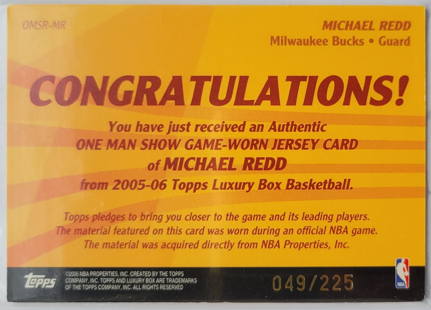 Michael Redd - 2005-06 Topps Luxury Box One Man Show Relics #MR - 049/225