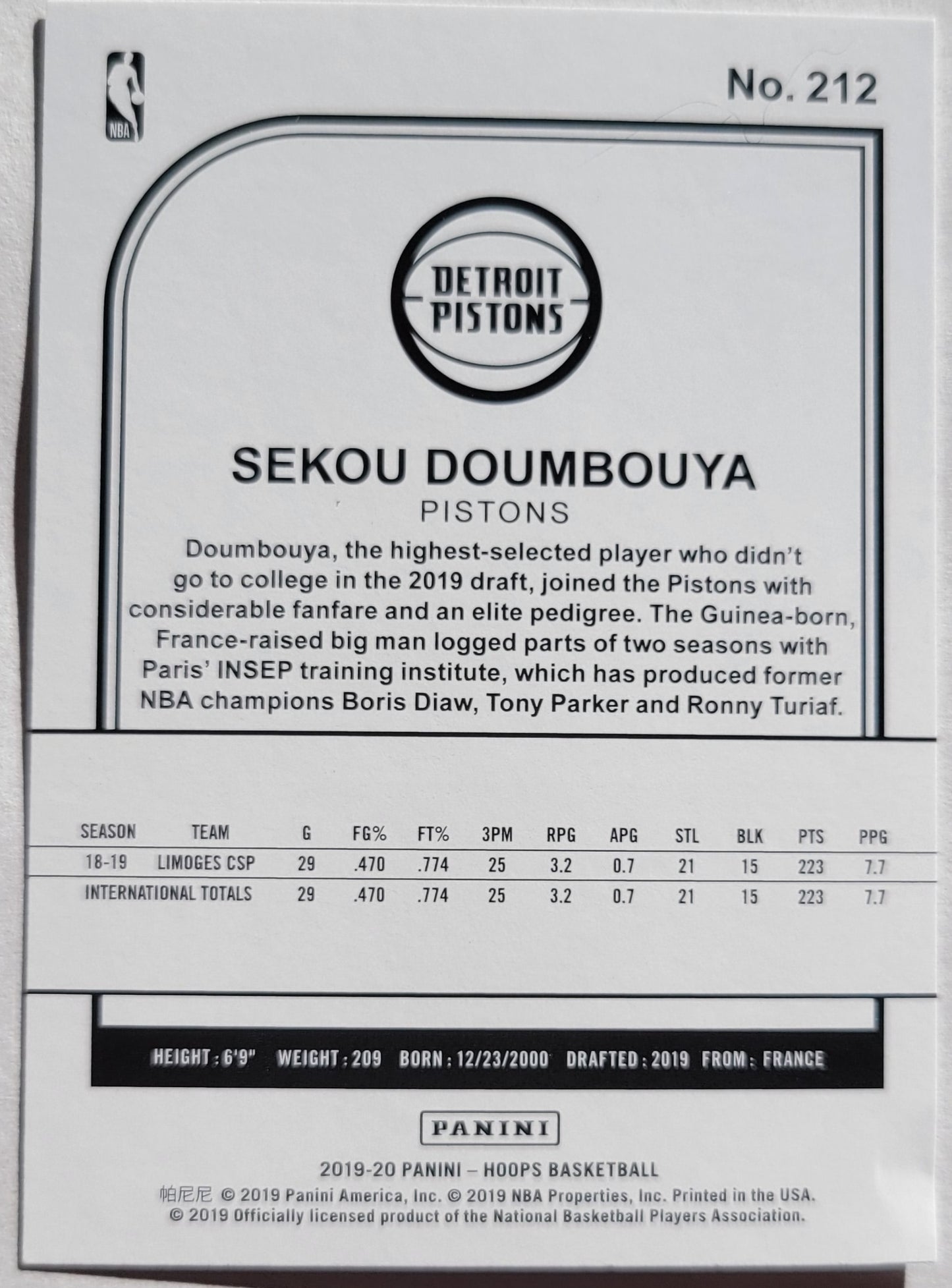 Sekou Doumbouya - 2019-20 Hoops #212 RC