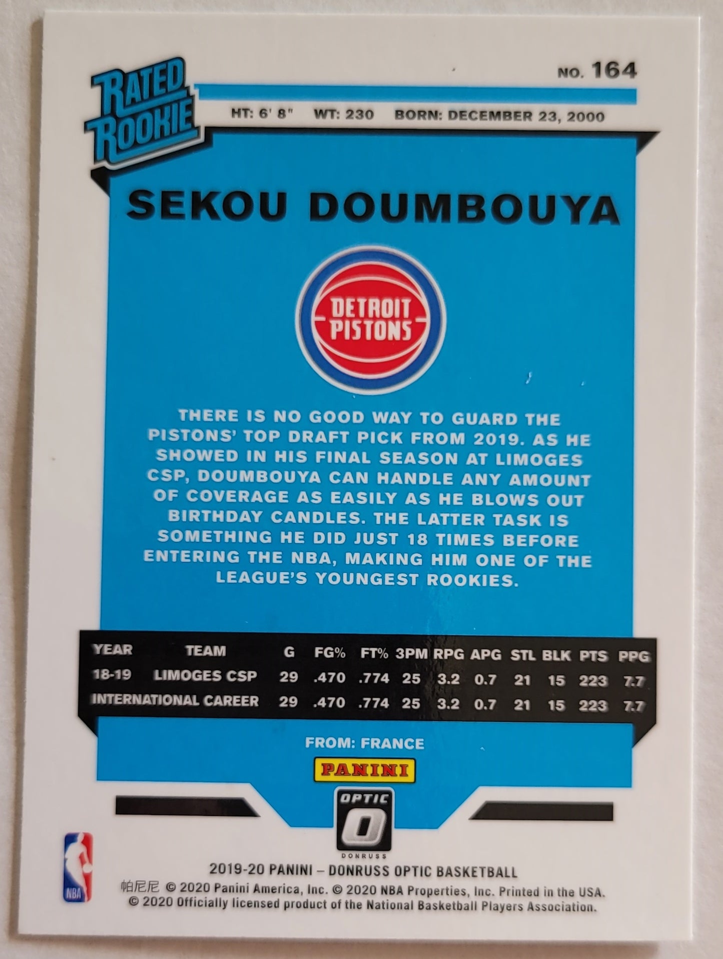 Sekou Doumbouya - 2019-20 Donruss Optic #164 RR RC